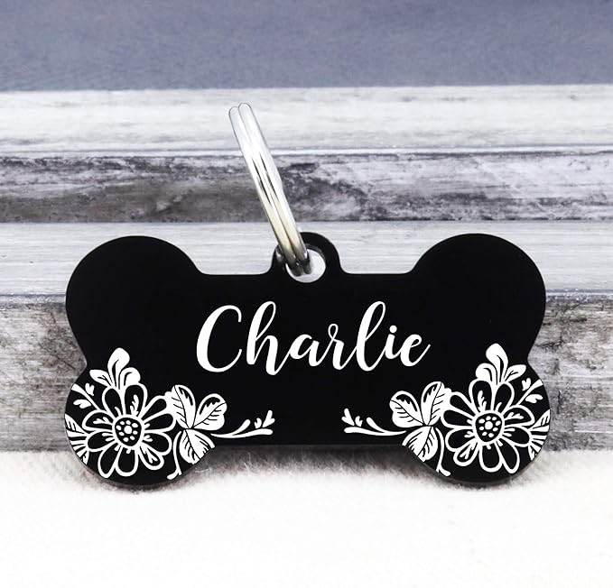 Ultra Joys Stainless Steel Pet ID Tags - Personalized Front and Back Engraving, Custom Dog and Cat Tags with Floral Design, Large