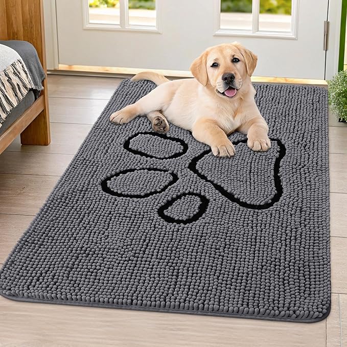Smiry Dog Door Mat for Muddy Paws, Absorbent Dirt Trapper Non Slip Quick Dry Washable Chenille Mat for Mud Dogs, Entry Rug for Indoor and Outdoor (40x32 Inches, Dark Grey and Black)