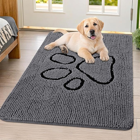 Smiry Dog Door Mat for Muddy Paws, Absorbent Dirt Trapper Non Slip Quick Dry Washable Chenille Mat for Mud Dogs, Entry Rug for Indoor and Outdoor (40x32 Inches, Dark Grey and Black)