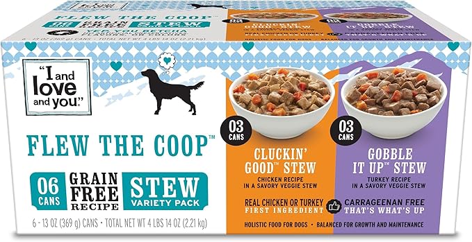I AND LOVE AND YOU Wet Dog Food - Flew The Coop Variety Pack - Chicken + Turkey, Grain Free, Filler Free 13oz can, 6pk