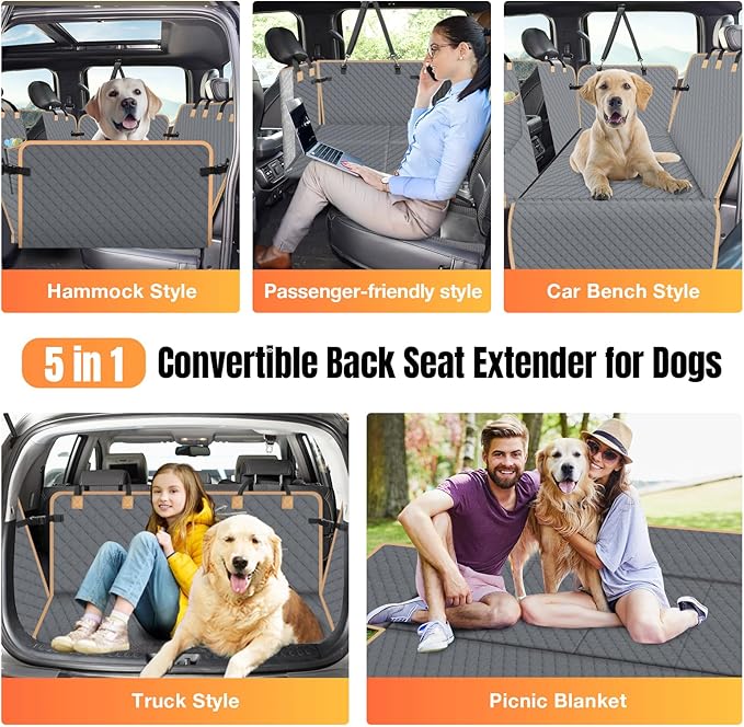 Dog Car Seat Cover for Back Seat, Gray, Universal Fit, Polyester, Car, Truck, SUV, Van, Automotive Pet Seat Cover Combination