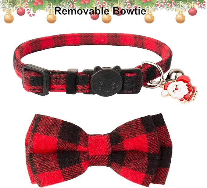 ADOGGYGO Christmas Cat Collars Breakaway with Cute Bow Bell - 2 Pack Red Green Plaid Kitten Collar with Removable Bowtie Christmas Collar for Cats Kittens