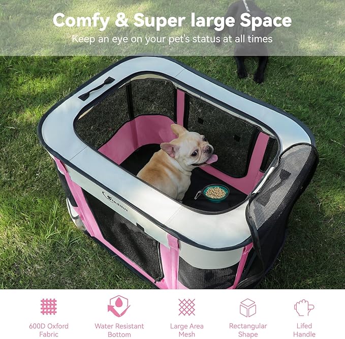 Dog Cat Playpen, Pet Puppy Portable Playpens for Outdoor Travel Crate, Indoor After Surgery Use, Foldable Dog Kennel Tent for Rabbit or Small Animals and Tent Stakes(Pink, Medium)