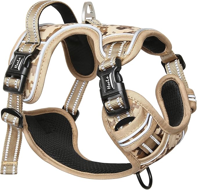 HEELE Dog Harness, No Pull Adjustable Padded Reflective Harness for Small Medium Large Dogs with Handle for Walking Training, Camo Tan, S