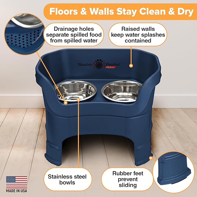 Neater Feeder Deluxe Mess Proof Dog Bowls Elevated for Large Dogs – Made in USA – No Spill Raised Dog Food Bowl Stand w/Leg Extensions – Stainless Steel Food and Water Bowl Set – Dark Blue
