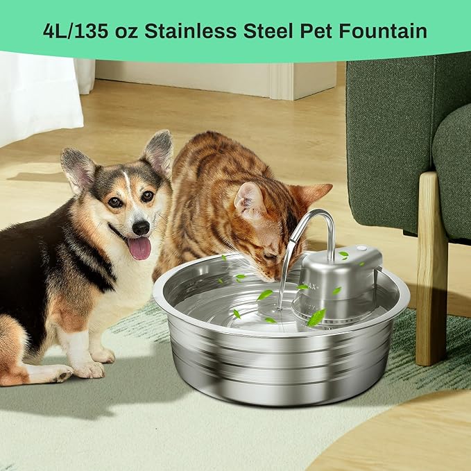 Cat Water Fountain, 4L/135OZ Stainless Steel Pet Fountain Dog Water Dispenser Bowl Cat Drinking Fountains Watering Supplies with Ultra-Quiet Pump for Cats, Dogs, Multiple Pets Indoor