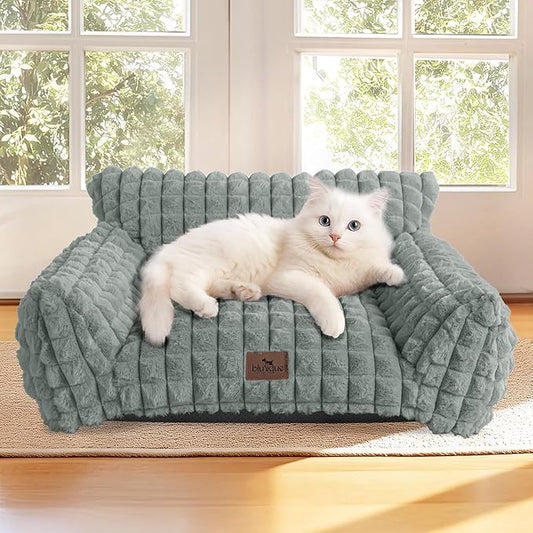 Cute Cat Couch Bed – Supportive & Fluffy Pet Sofa with Faux Rabbit Fur Washable Cover in 3D Diamond Pattern, 24" Grey
