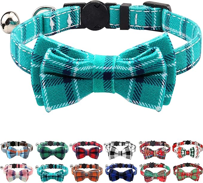 Joytale Upgraded Cat Collar with Bells, Breakaway Cat Collars with Bow Tie, 1 Pack Girl Boy Safety Plaid Kitten Collars, Teal