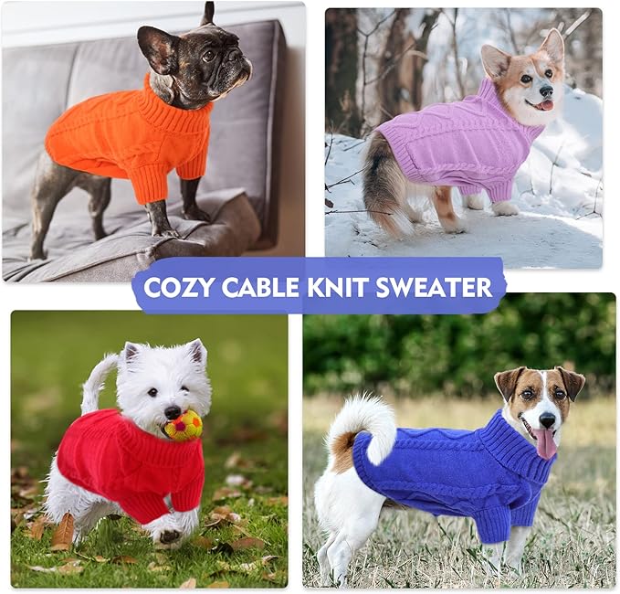 Queenmore Small Dog Pullover Sweater, Cold Weather Cable Knitwear, Classic Turtleneck Thick Warm Clothes for Chihuahua, Bulldog, Dachshund, Pug (Orange, Small)