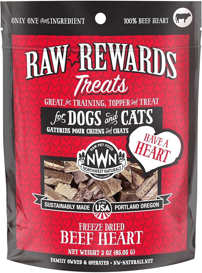 Northwest Naturals Raw Rewards Freeze-Dried Beef Heart Treats for Dogs and Cats - Bite Sized Pieces - Grain Free - 1 Ingredient - Healthy - Human Grade - All Natural - USA Made - 3 Oz