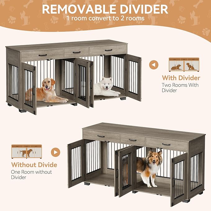 71'' Dog Crate Furniture, Wooden Indoor Dog Kennel for 2 Dogs with 3 Drawers and Removable Room Divider, XXL Double Dog Crate TV Stand End Table with Double Doors for Large Medium Dogs, Grey