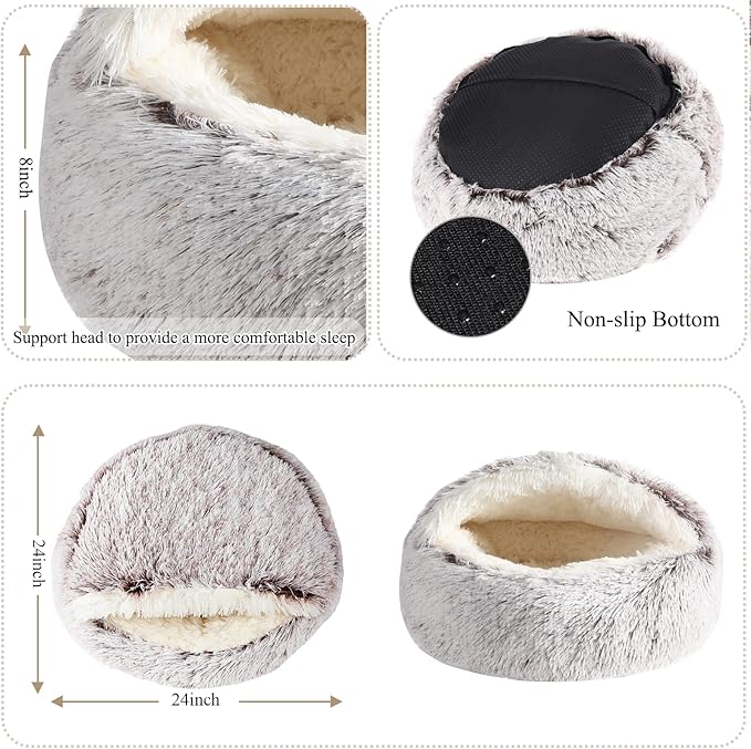 Calming Dog Beds & Cat Cave Bed with Hooded Cover,Removable Washable Round Beds for Small Medium Pets,Anti-Slip Faux Fur Fluffy Coved Bed for Improved Sleep,Fits up to 15/25 lbs(Medium,24"x24")