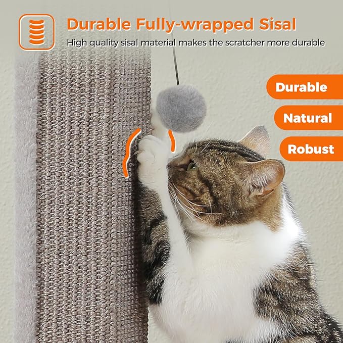 PAWZ Road Large Cat Scratching Post 32” Tall Scratching Post for Indoor Cats Adults Ultimate Scratch Post with Woven Sisal, Large Base and Removable Dangling Ball- Grey
