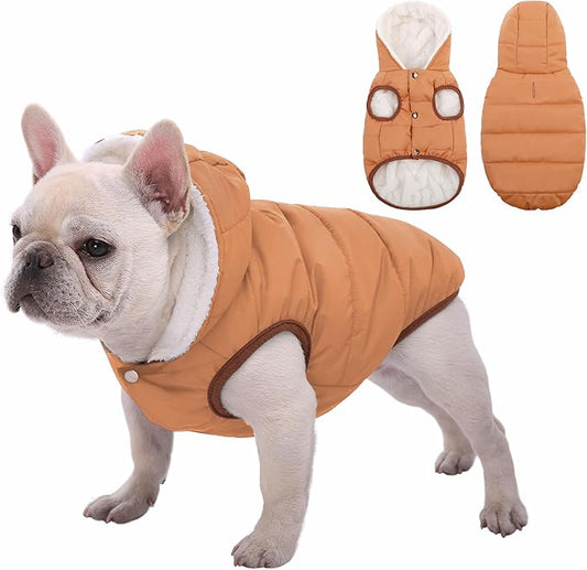 Fleece Hoodie, Windproof Waterproof Coat, Winter Warm Jacket, Cold Weather Pet Apparel Clothes Vest for Small Medium Large Dog Khaki, L