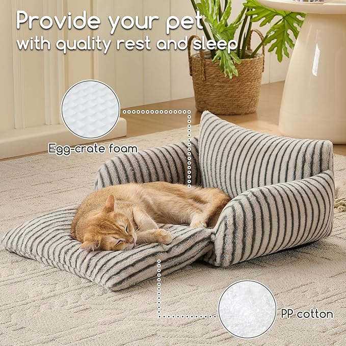 Hollypet Cat Bed Fluffy Plush Mutifuctional Double-Layer Soft Pet Couch Orthopedic Sofa Nest Beds for Small Cats and Dogs, Dark Gray Stripes (21x15x8 inch)
