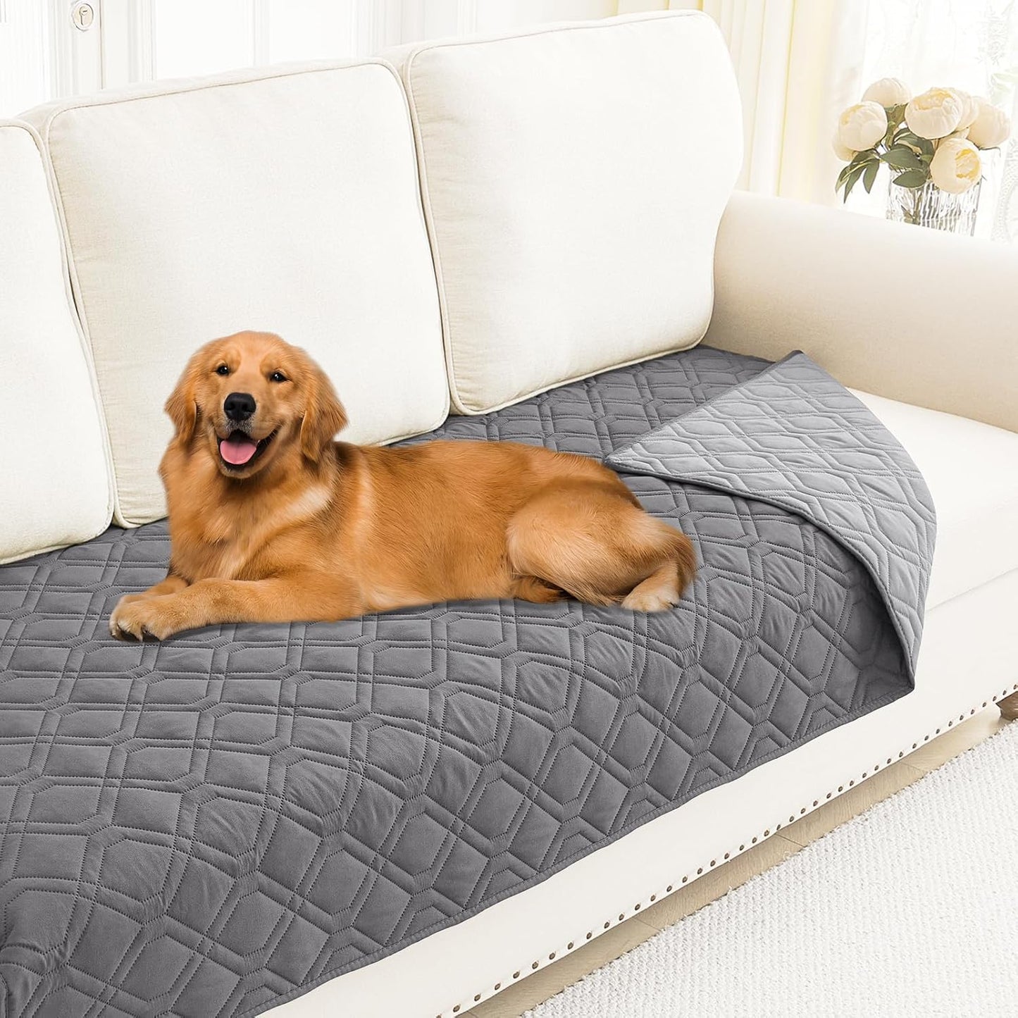 Smiry Waterproof Dog Blanket, 30x70 Inch Soft Pet Bed Cover Reversible, Washable Sofa Couch Furniture Protector for Small Medium Large Dog Puppy Cat, Geometric, Grey/Light Grey