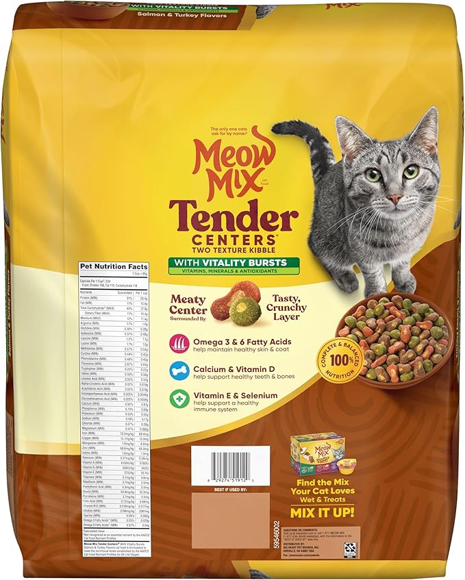 Meow Mix Tender Centers Dry Cat Food, Salmon & Turkey, 3 Pounds (Pack of 4), with Vitality Bursts