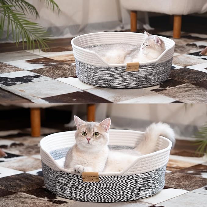 CHEERHOME PETS Cat Bed Basket with Cushion, Cute Pet Bed for Indoor Cats Couch, Kitten Bed for Medium and Large Cat, All Season Universal (Grey)