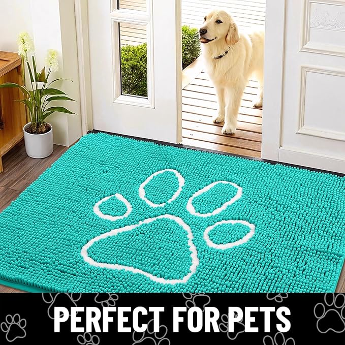 Smiry Dog Door Mat for Muddy Paws, Absorbent Dirt Trapper Non Slip Quick Dry Washable Chenille Mat for Mud Dogs, Entry Rug for Indoor and Outdoor (48x30 Inches, Turquoise)