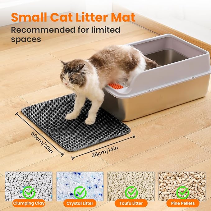 Small Cat Litter Mat, 20x14’’ Double Layer Honeycomb Cat Litter Box Mat, Non Slip Waterproof Urine Proof Litter Trapping Mat for Floor, Kitty Litter Pad, Indoor Pet Supplies, Black