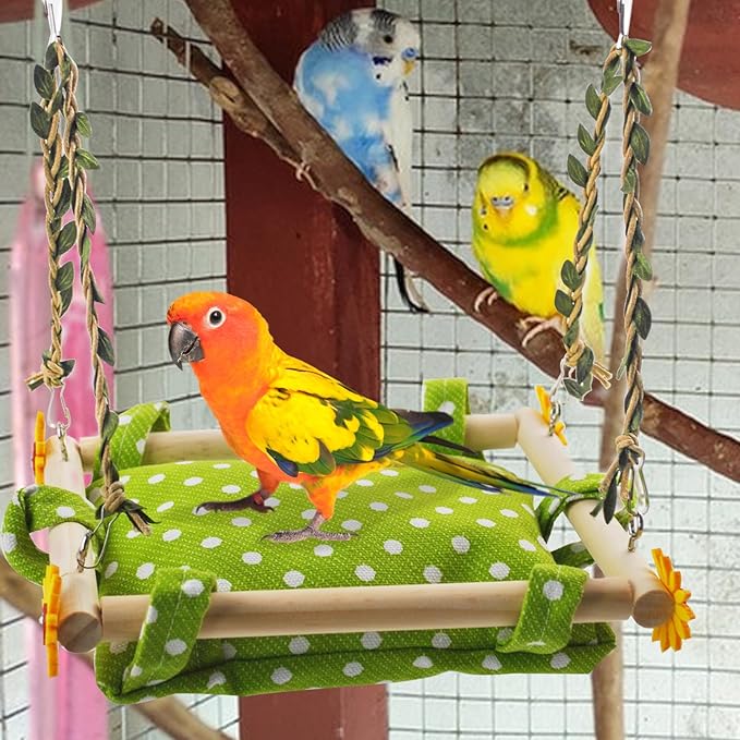 Bird Toy Climbing Hammock Nest Hanging Bird Bed for Cage Wooden Perch Stand Swing with Bell Toy for Parrot Parakeet Cockatiel Conure Cockatoo