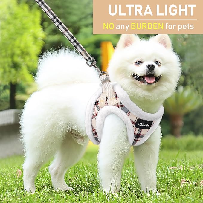 GAMUDA Small Dog Harness Collar and Leash Set, Step in No Chock No Pull Soft Mesh Adjustable Dog Vest Harnesses Plaid Reflective for Dogs Puppy Cats Kitten Rabbit (Warm Beige, M)