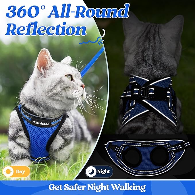 rabbitgoo Cat Harness and Leash Set for Walking Escape Proof, Adjustable Soft Kittens Vest with Reflective Strip for Cats, Comfortable Outdoor Vest, Blue, M