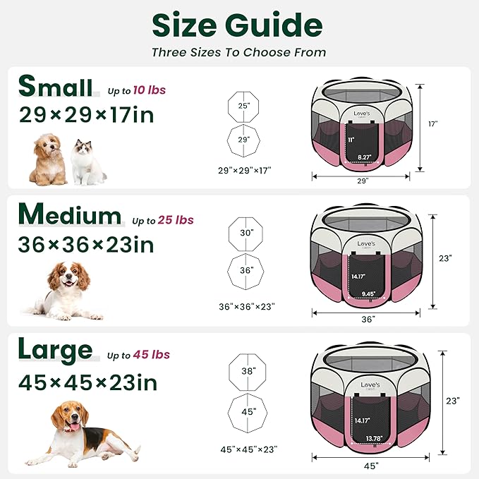 Love's cabin Pet Puppy Dog Playpen, Large Dog Tent Crates Cage Indoor/Outdoor, Portable Playpen for Cat, Foldable Pop Up Dog Kennel Playpen with Carring Case, Removable Zipper Top, Pink