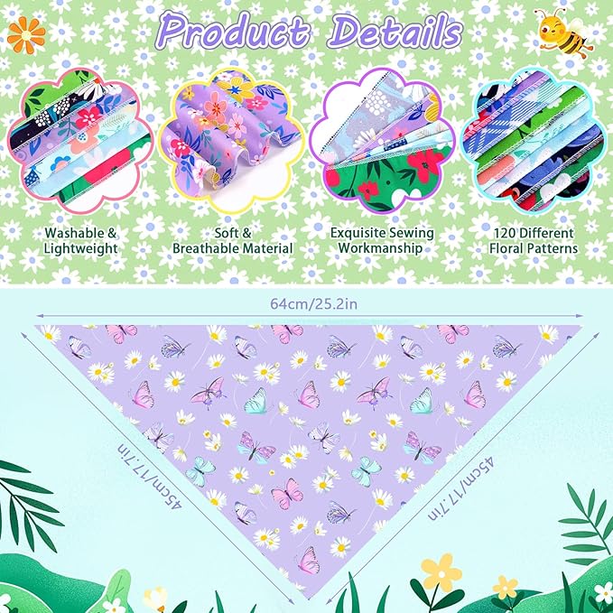 120 Pcs Floral Dog Bandanas Bulk Adjustable Floral Puppy Scarves Pet Bandana Washable Flower Puppy Grooming Bandana for mall Medium Large Breed Dog Cat Pet Grooming Accessories