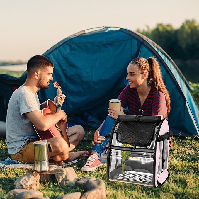 SUERTREE Bird Carrier Bag with Indestructible Stainless Steel Mesh, Bird Travel Cage with Stand, Easy to Clean Backpack for Parrot, Portable Bird Travel Bag, Pet Breathable Travel Cage, Pink