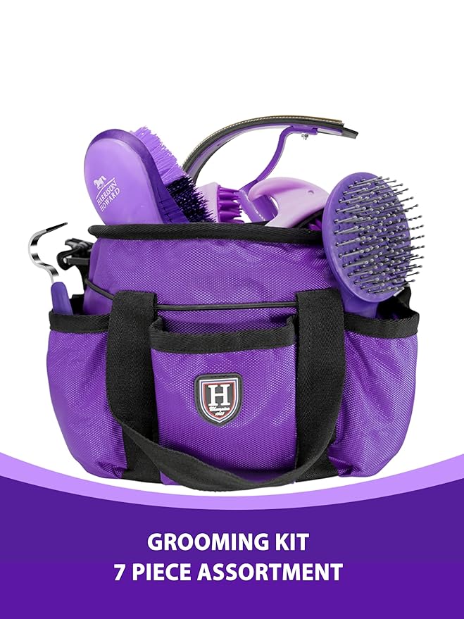 Harrison Howard Horse Grooming Brushes Kit 7 pieces with Organizer Tote Equine Care Series Horse Brush Sets Purple