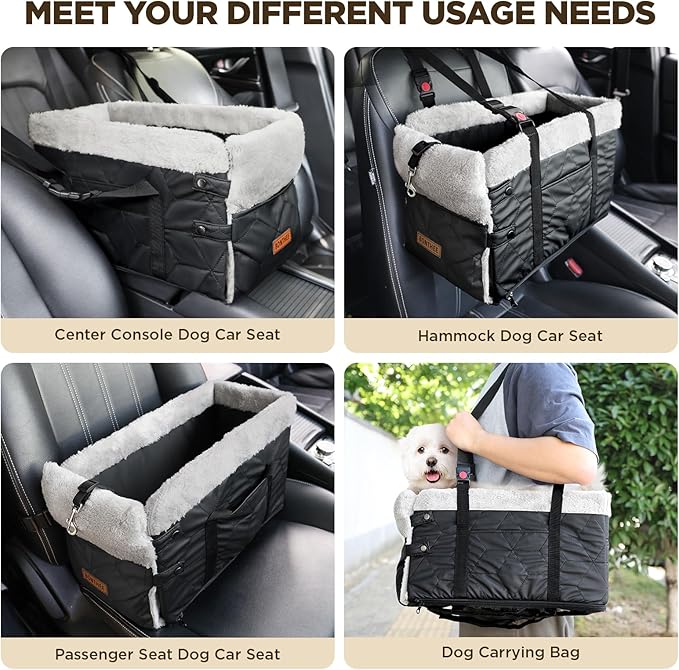 Center Console Dog Car Seat for Small Dogs,PU Leather Small Dog Car Booster Seat,Washable Foldable with Safe Protection Hooks Adjustable Straps and Storage Pocket Pet Up to 15lbs-Black