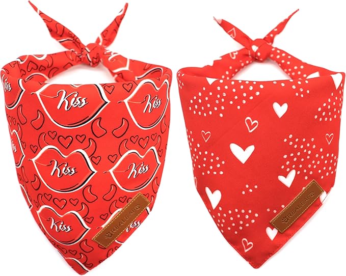 Realeaf Valentine's Day Dog Bandanas 2 Pack, Reversible Heart Dog Scarf for Boy and Girl, Premium Durable Fabric, Holiday Love Bandana for Medium and Large Dogs Pets (Large)