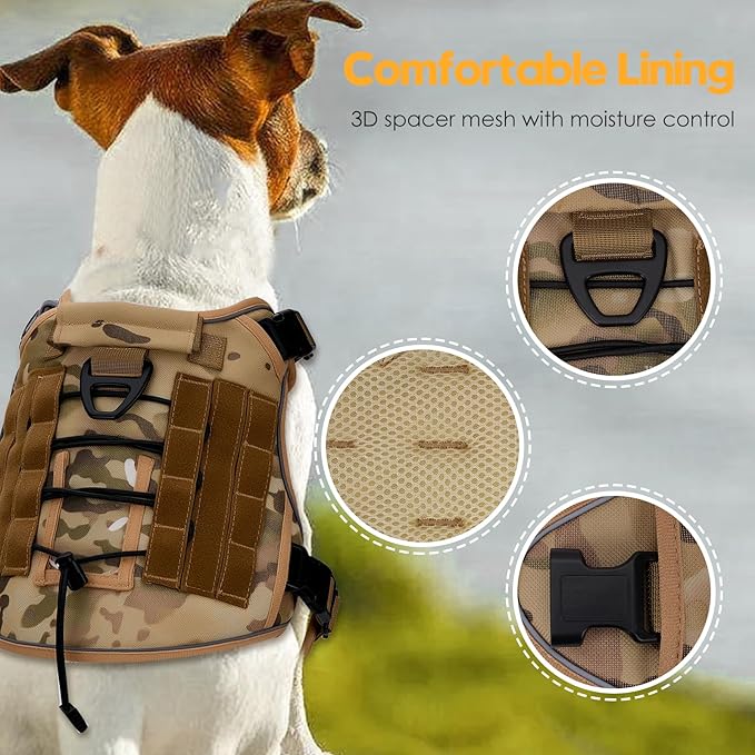 Heavy-Duty Tactical Dog Harness for Large Dogs, No Pull Adjustable Reflective Pet Vest with Molle System, K9 Military-Grade Control for Service Training, Outdoor & 10+ Breeds, Desert Camo, XX-Large