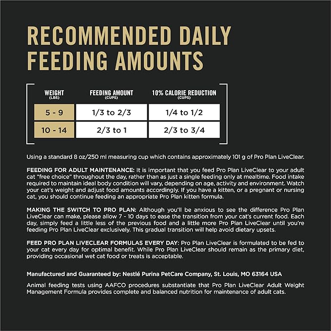 Purina Pro Plan LiveClear Cat Food Weight Management and Cat Allergen Reducer Chicken and Rice Formula - 5.5 lb. Bag