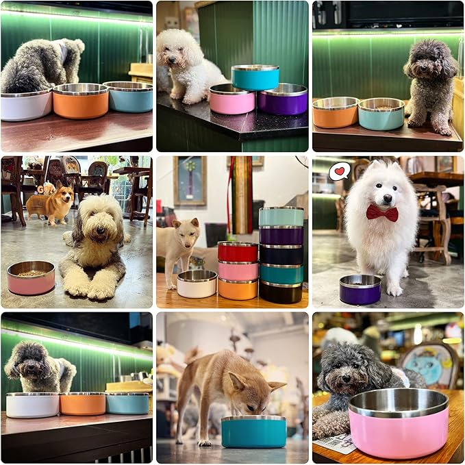 IKITCHEN Dog Bowl for Food and Water, 40 Oz Stainless Steel Pet Feeding Bowl, Durable Non-Skid Double Wall Insulated Heavy Duty with Rubber Bottom for Medium Large Dogs (40 Ounces/5 Cup, Pink)