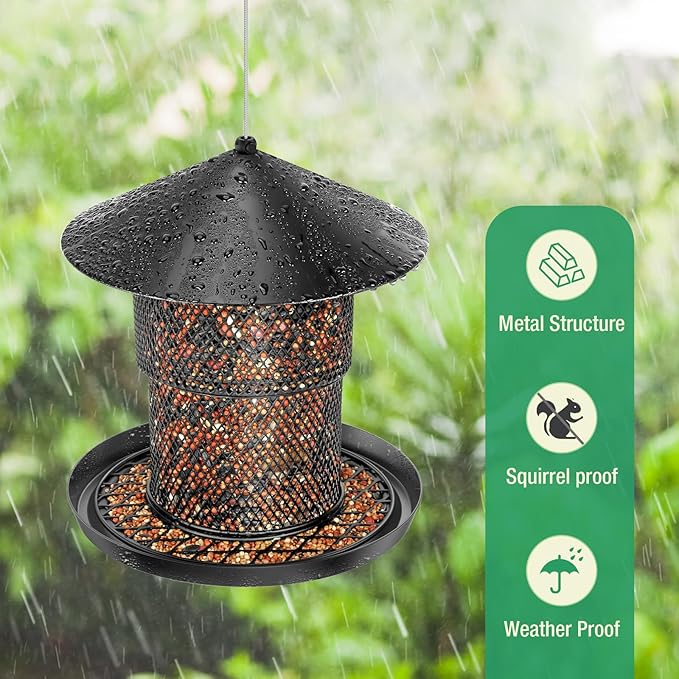 Bird Feeder for Outdoor Hanging, Mess Free Birdfeeder for Outdoor with Catch Tray, Heavy Duty Metal for Outside Hanging to Attracting Birds