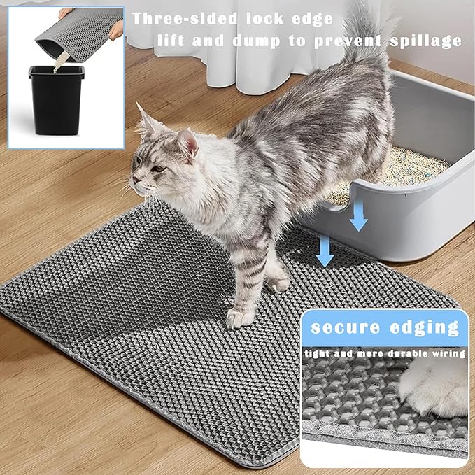 HCY&WLD 2-Pack Cat Litter Mat, Double Layer Honeycomb Waterproof Urine Proof Non-slip Litter Trapping Mat, Less Waste, Easy to Clean Cat Litter Box Mat, Kitty Indoor Supplies (Gray, 24x18 Inches)