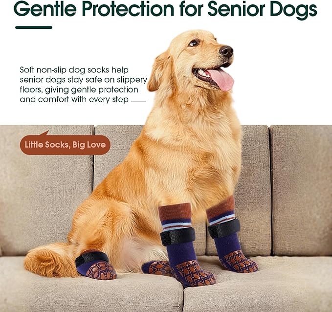 Kuoser Non Slip Dog Socks for Hardwood Floors, 4Pack Anti-Slip Dog Grippy Socks to Prevent Licking Paws, Dogs Booties Paw Protectors with Double-Sided Traction for Small Medium Large Senior Dogs, XL