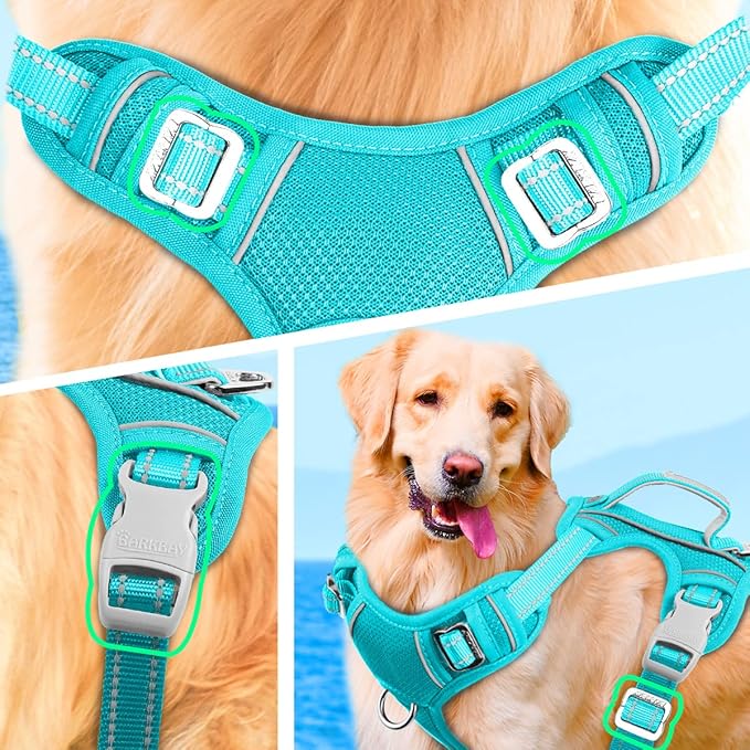 BARKBAY No Pull Dog Harness Large Reflective Dog Harness with Front Clip and Easy Control Handle for Walking Training Running with ID tag Pocket(Ocean Blue,M)