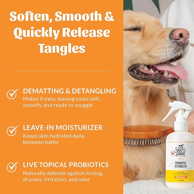 Skout's Honor Probiotic Pet Detangler Spray - Hydrating & Conditioning w/Avocado Oil, 97% Natural, Paraben & Sulfate-Free, softens for a More brushable Coat, Daily Use, 8oz, Honeysuckle, 2-Pack