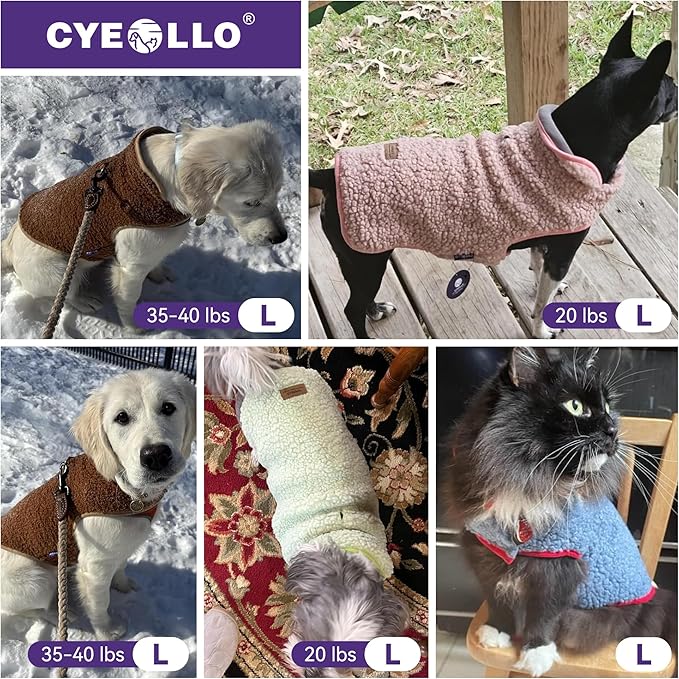 cyeollo Warm Dog Coat Fleece Sherpa Winter Sweater Coats, Turtleneck Dog Jacket Vest for Small Medium Large Dogs with Leash Hole, Soft Reversible Pet Coats for Cold Weather, Burgundy, L