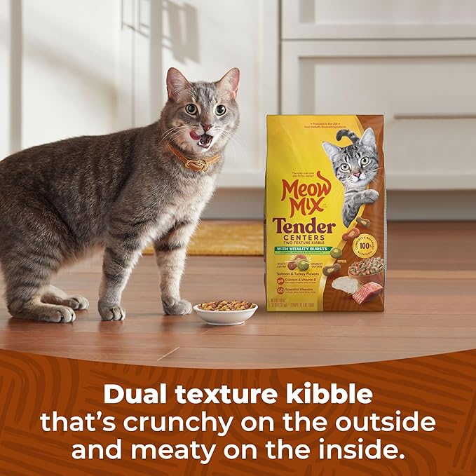 Meow Mix Tender Centers Dry Cat Food, Salmon & Turkey, 3 Pounds (Pack of 4), with Vitality Bursts