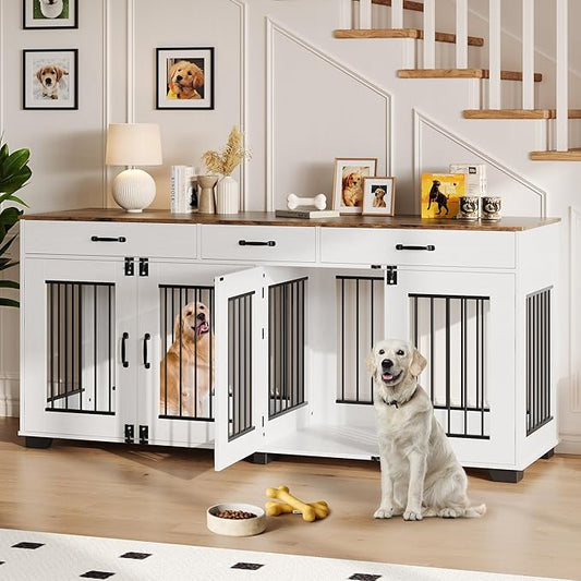 GarveeLife 71 in Dog Crate Furniture for 2 Rooms, Wooden Double Crate Large Breed with Door, Dog Kennel Indoor, TV Stand End Table with Divider for Large Medium Dogs,White/Brown