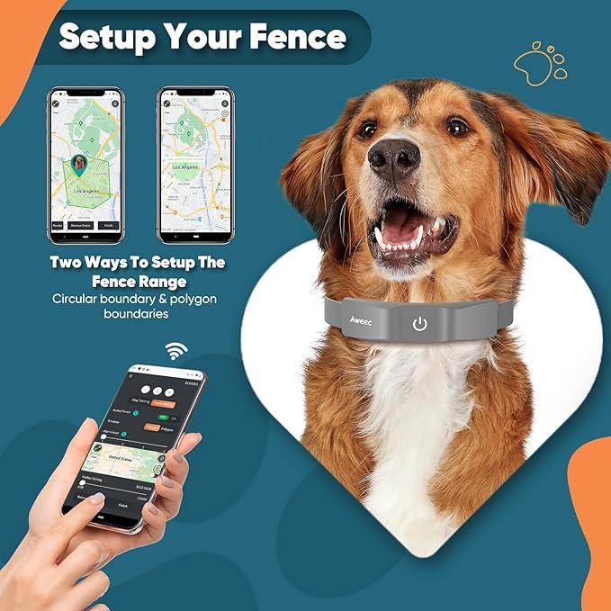 GPS Wireless Dog Fence with Free App, Electric Fence System with Training Collar, Portable Fence for Outdoor Use, Rechargeable Waterproof Flexiable Collar, Adjustable for Large Medium Dogs