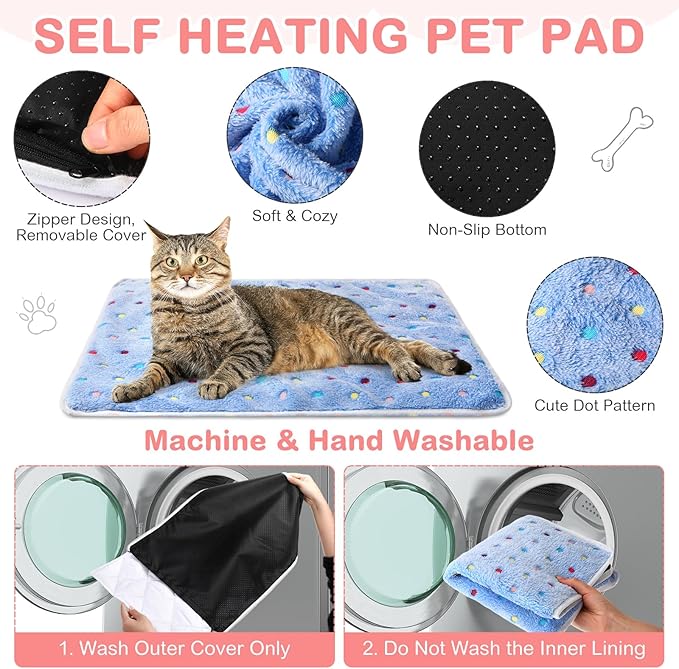 4 Pack Self Heating Cat Bed Cat Self Warming Pad with Removable Cover Extra Warm Thermal Pet Pad Washable Pet Crate Mat Anti Slip Kennel for Indoor Outdoor Pets(Dot,16 x 20 Inches)