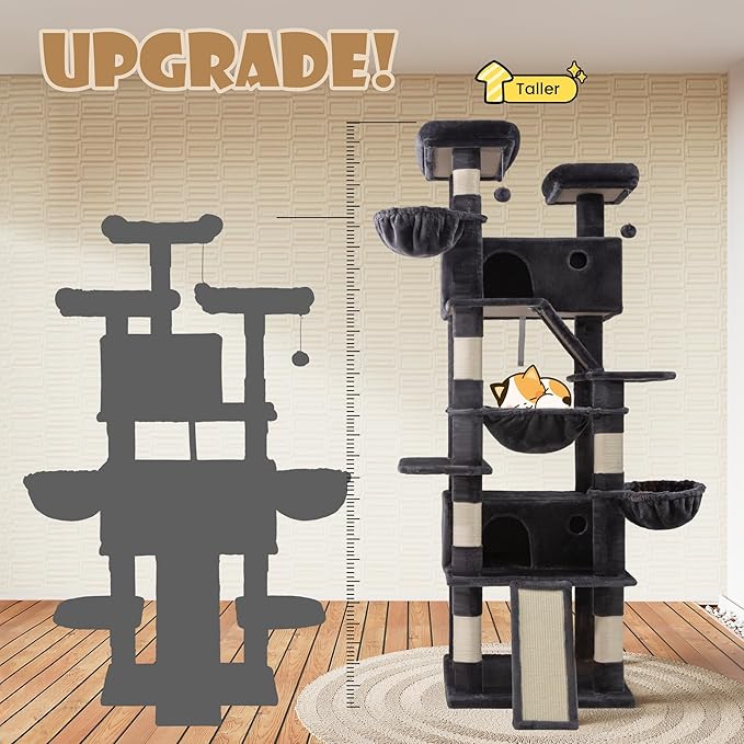 SHA CERLIN 81in Multi-Level Tall Cat Tree Tower for Indoor Kitties/Larger Cat Condo Furniture with Hammock/Cozy Pussycat Perches/Sisal Scratching Posts/Pet House/Wide Base/Dark Grey