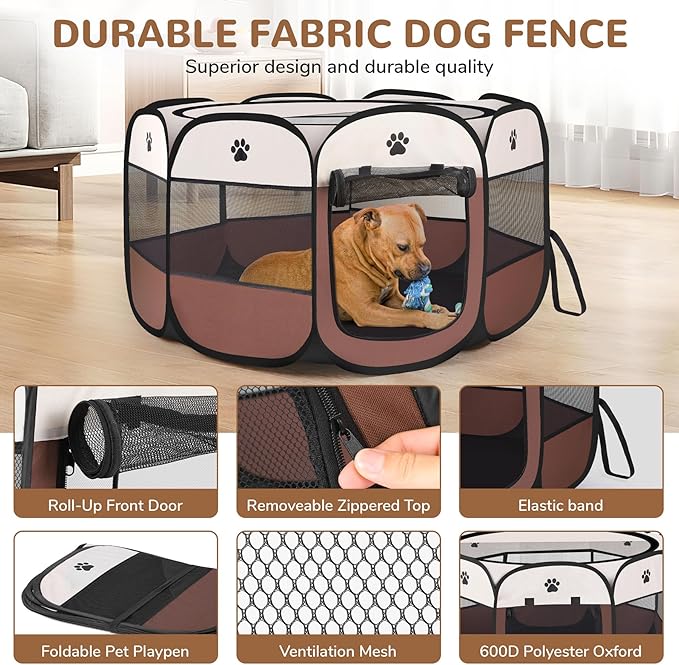 Pop-up Playpen for Puppy, Portable and Foldable Exercise Kennel Tent Crate Indoor/Outdoor Travel Camping, Removable Zipper Top