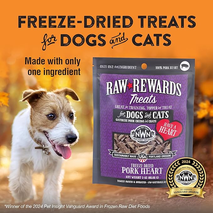 Northwest Naturals Raw Rewards Freeze-Dried Pork Heart Treats for Dogs and Cats - Bite-Sized Pieces - Healthy, 1 Ingredient, Human Grade Ingredients, All Natural, Proudly Made in USA, 3 Oz (Pack of 3)