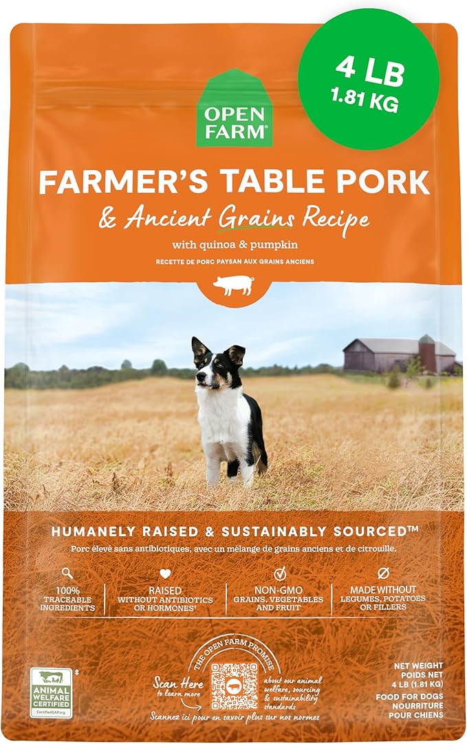 Open Farm, Ancient Grains Dry Dog Food, Protein-Rich & Nutrient Dense, 90% Animal Protein Mixed with Non-GMO Fruits, Veggies and Superfoods, Farmer's Table Pork Recipe, 4lb Bag
